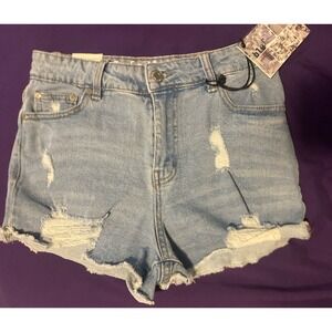 Blu [Edit] Denim Ripped Super High Waist Shortie Shorts‎ Sz 3 Light Wash Beachy